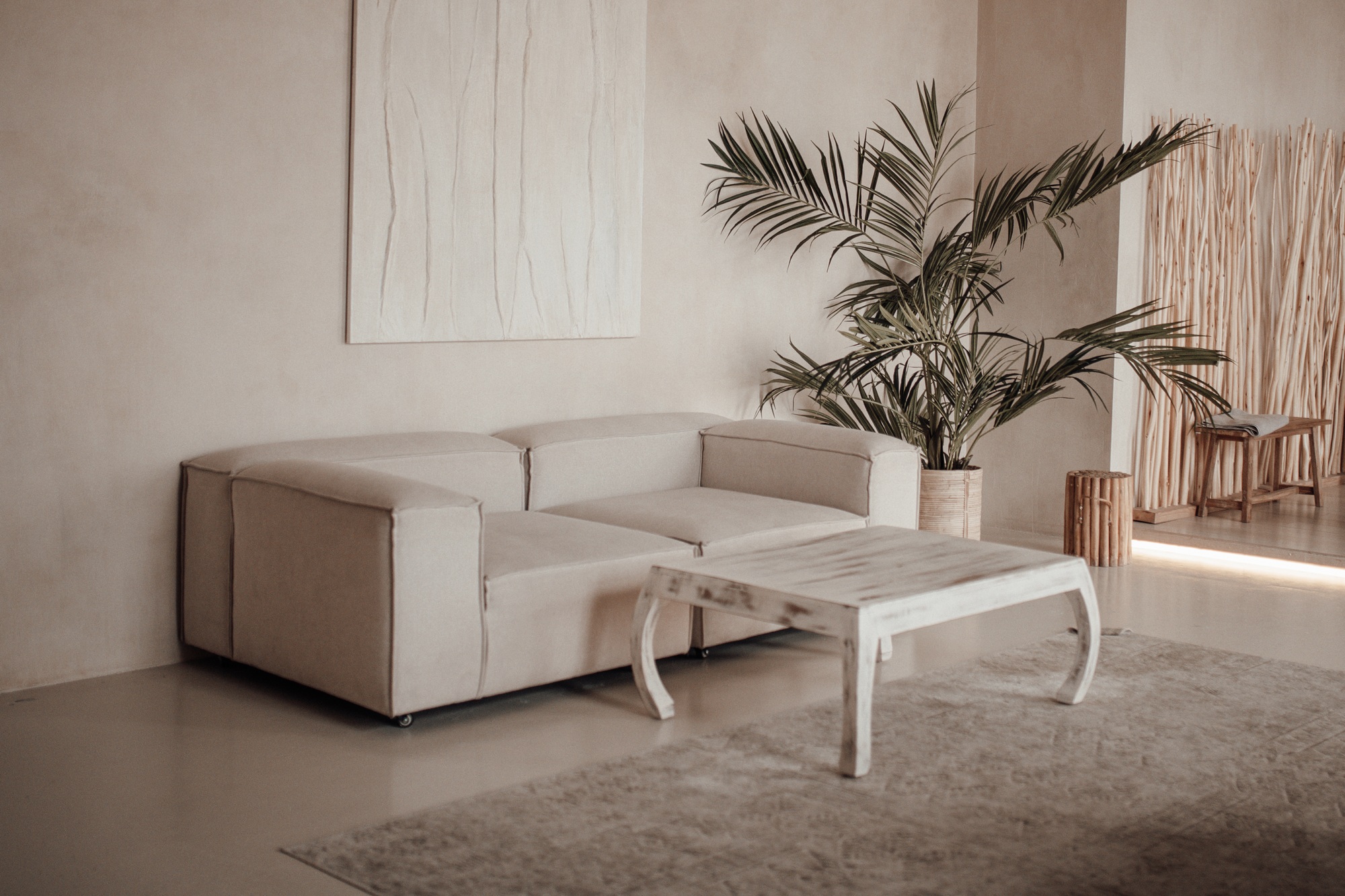 Luxurious hotel interior with elements of traditional Balinese design minimalist earth tones style
